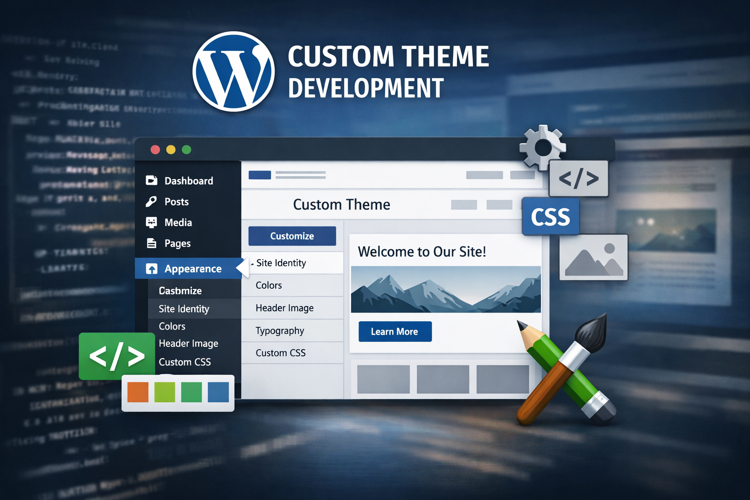 Custom WordPress theme development — customize screen with design and code tools