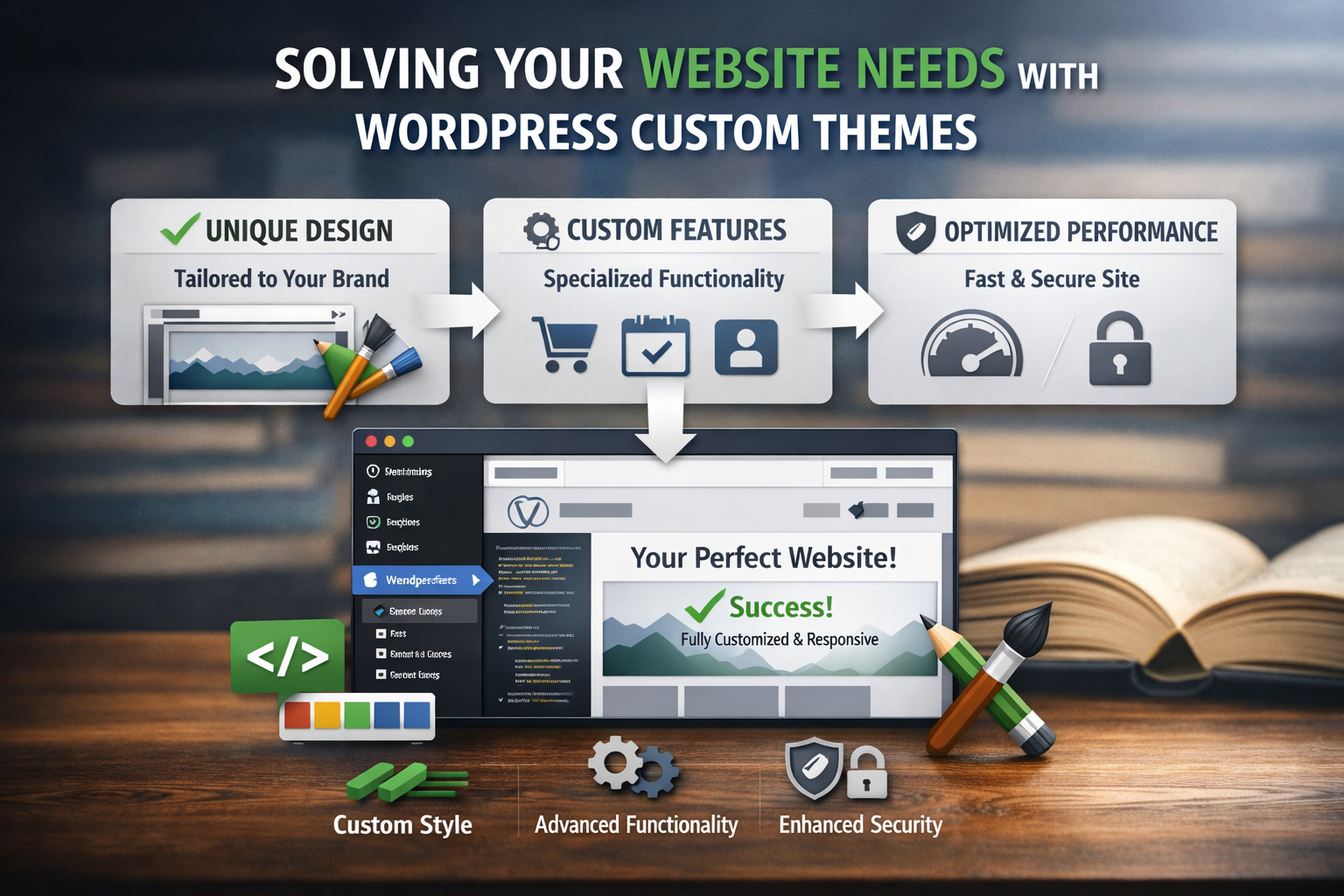 Solving website needs with WordPress custom themes — unique design, custom features, and optimized performance