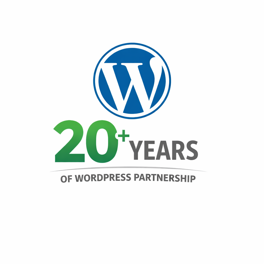 20+ years of WordPress partnership badge with the WordPress logo